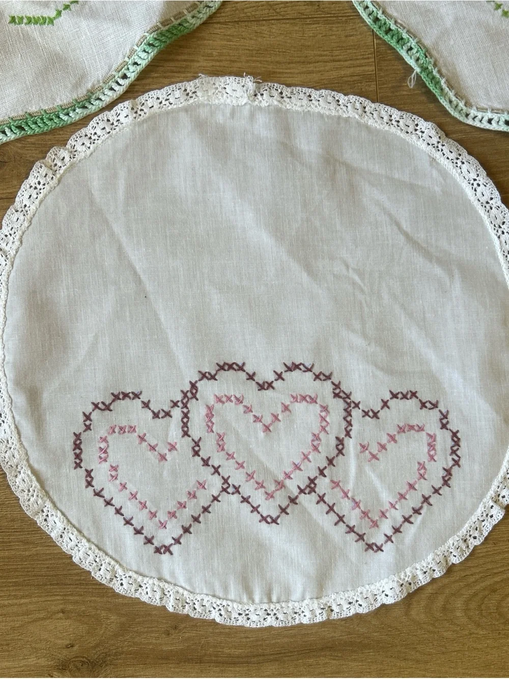 Embroidered Linen Doilies Set in White with Orange & Green Accents